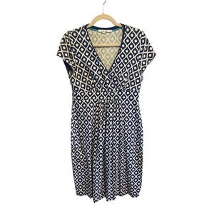BODEN Womens Casual Jersey Dress Faux Wrap Bodice Blue White Cap Sleeve Sz 8